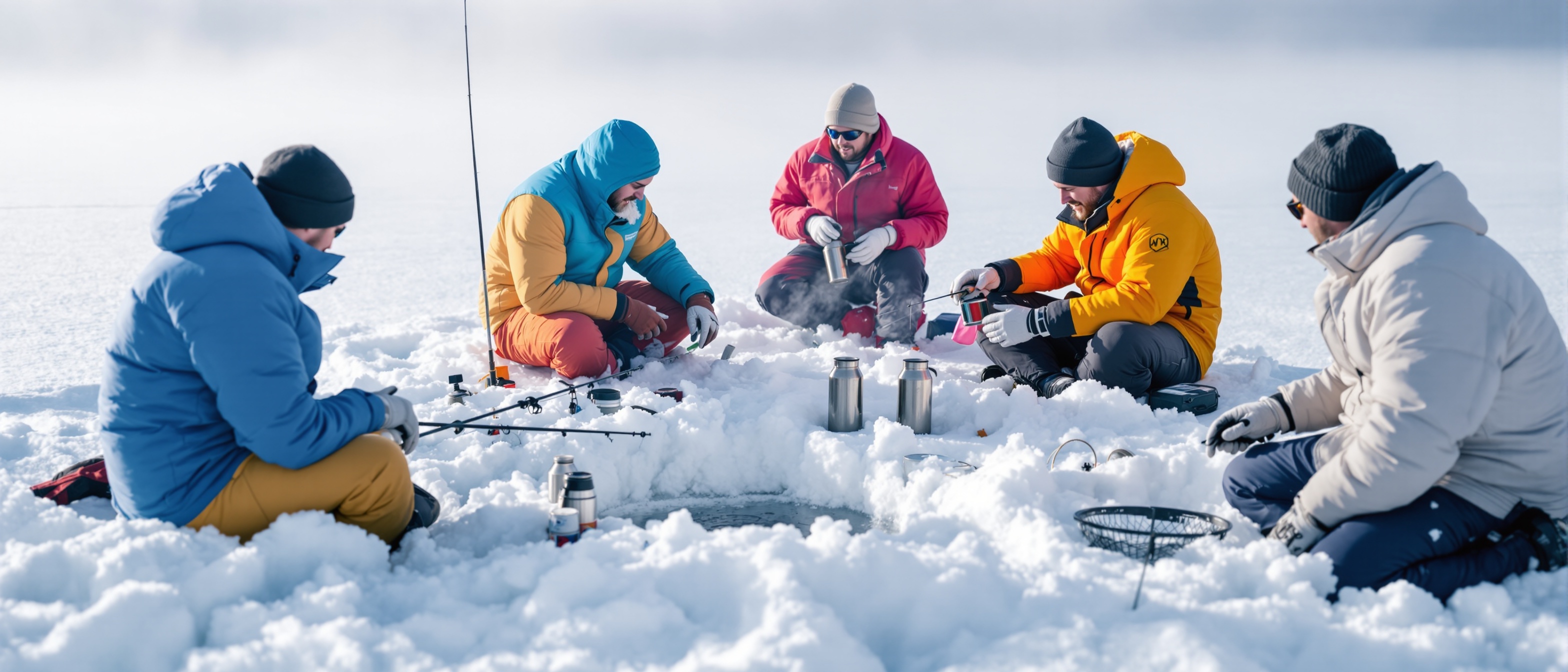 Close up of ice fishing suits being used in Minnesota winter conditions