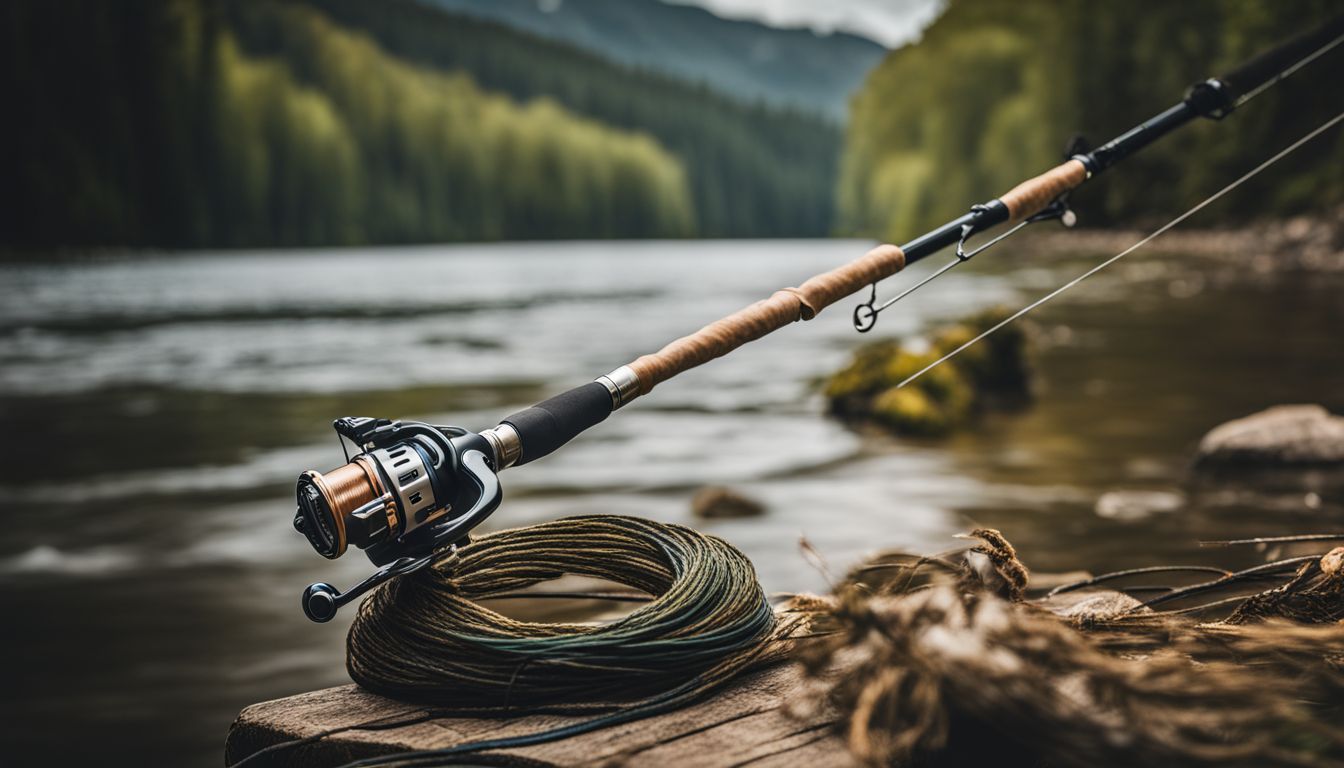 A photo of a fishing rod with various knots tied on the line.
