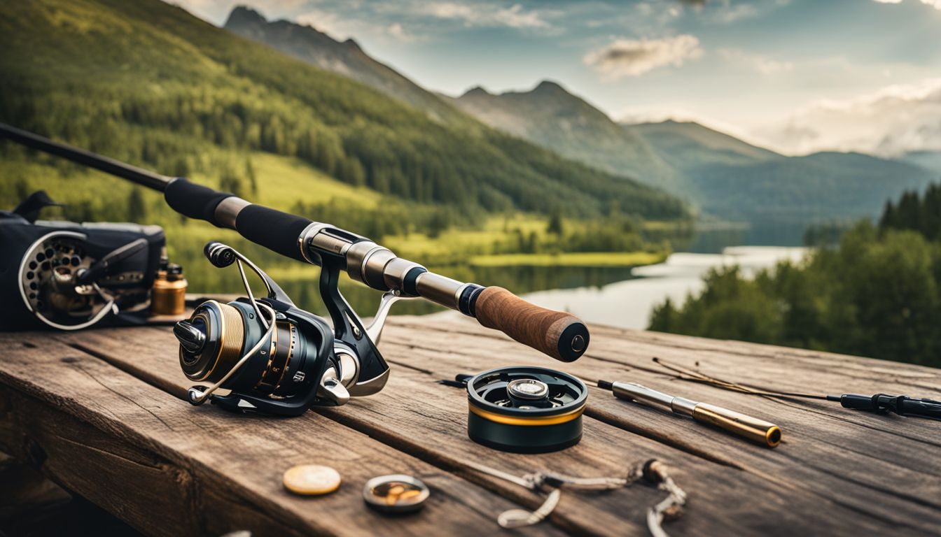 A fishing scene with a rod and accessories on a wooden table by a lake.