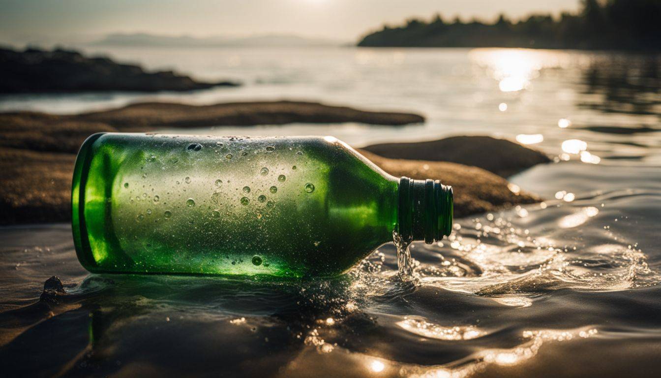 A close-up of a soda bottle surrounded by water with weights.