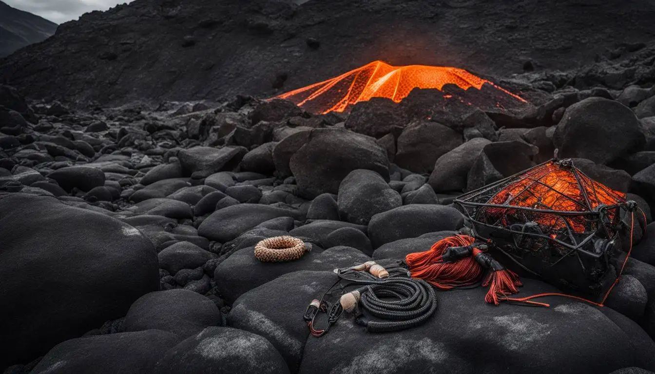Lava fishing gear laid out on volcanic terrain without humans.