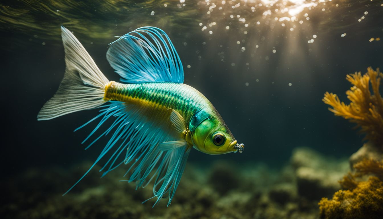 A vibrant underwater view of a chatterbait lure in action.