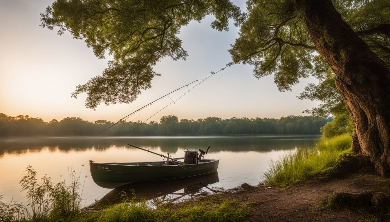 A tranquil lakeside scene with a fishing rod against a tree.