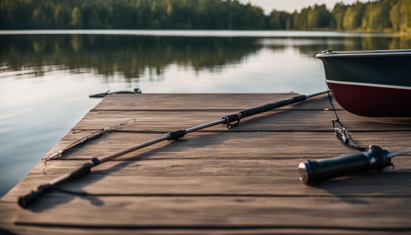 A fishing rod lies on a wooden dock by a calm lake.
