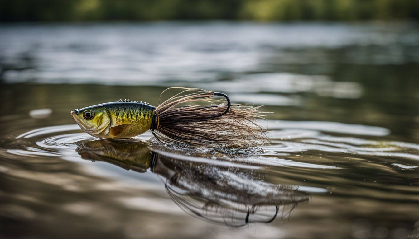 A photo of a Chatterbait lure surrounded by bass in a natural lake.