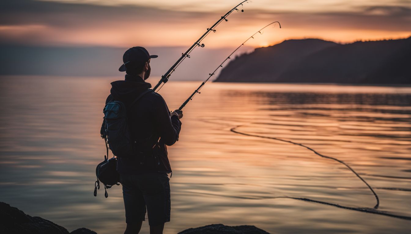 A serene seascape with a fishing pole, surrounded by stunning nature.