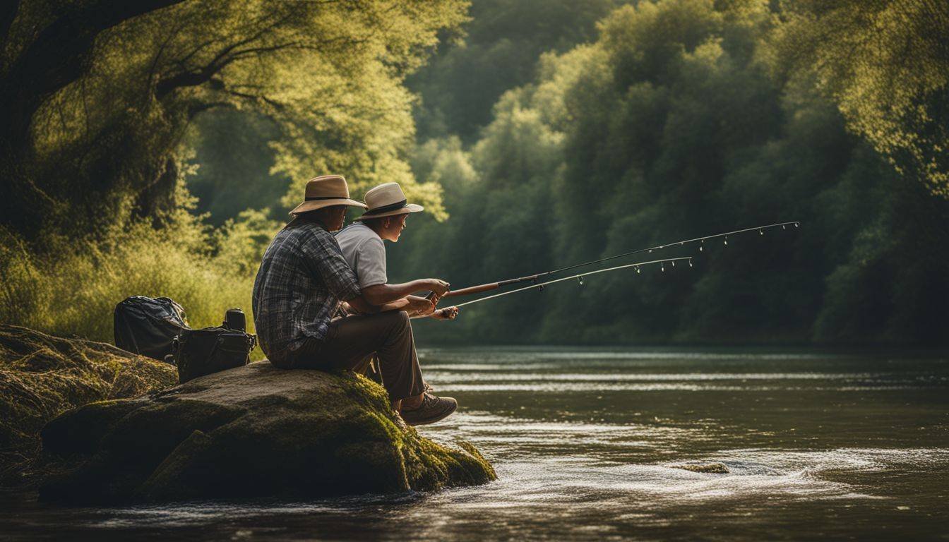 A serene river surrounded by nature and wildlife, ready for fishing.