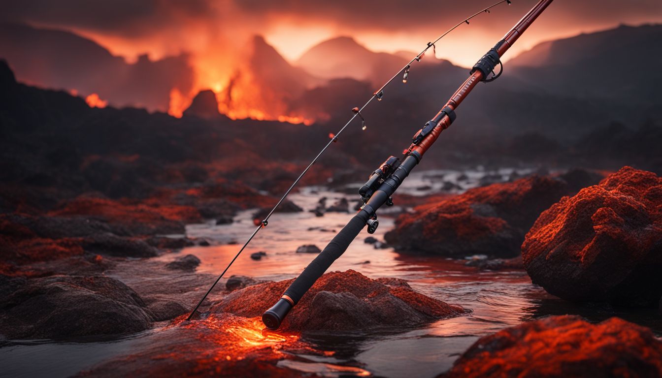 A fishing rod is immersed in bubbling lava surrounded by fiery terrain.