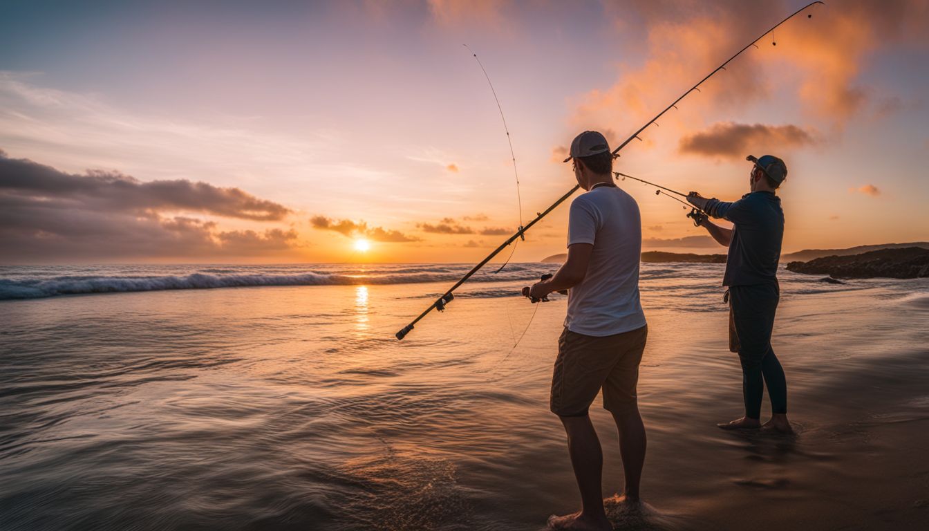 A fishing rod is cast into a vibrant sunset-lit ocean scene.